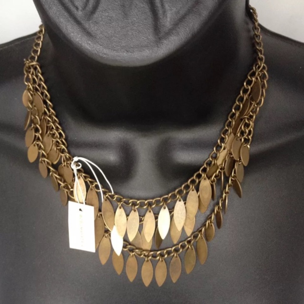 BCBG NECKLACE LAYERED SPIKE LEAVES BRASS TONED - Picture 1 of 3